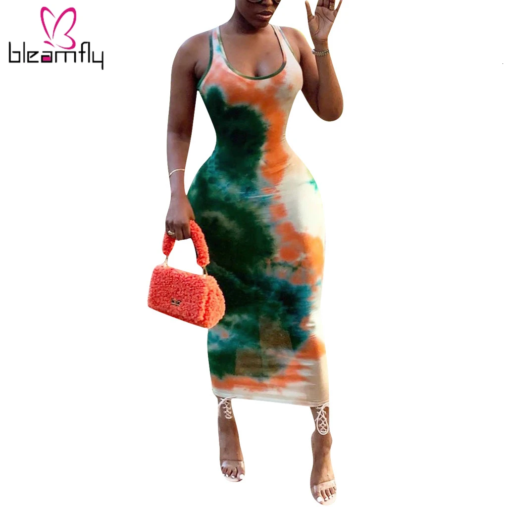 2019 летнее женское платье с вырезом на спине принтом Tie Dye облегающее макси женские