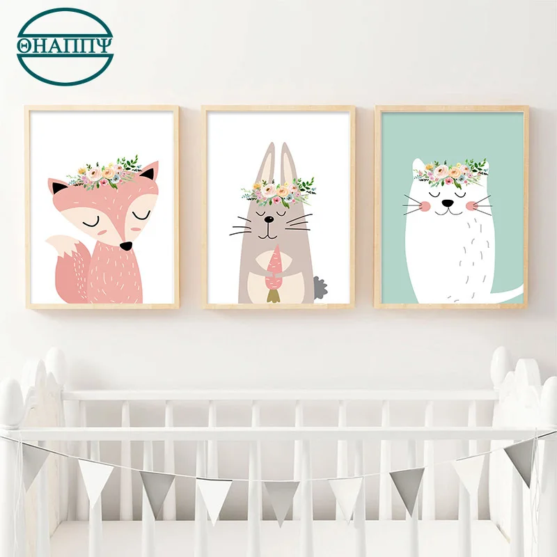 

Cartoon Animal Fox Bear Wall Art Canvas Painting Nursery Wall Pictures For Baby Kid Children Bedroom Decor Picture Unframed