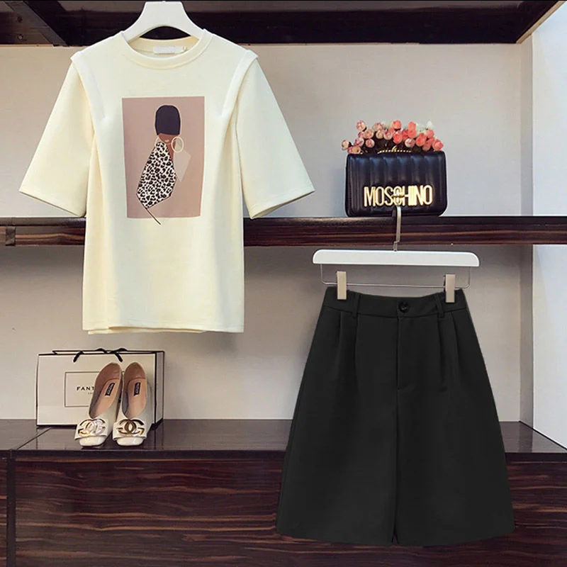 

2021 Fashion Women's Summer New Style Printed Thin Half-sleeved Short-sleeved Cotton T-shirt Suit Shorts Girl Two-piece Suit