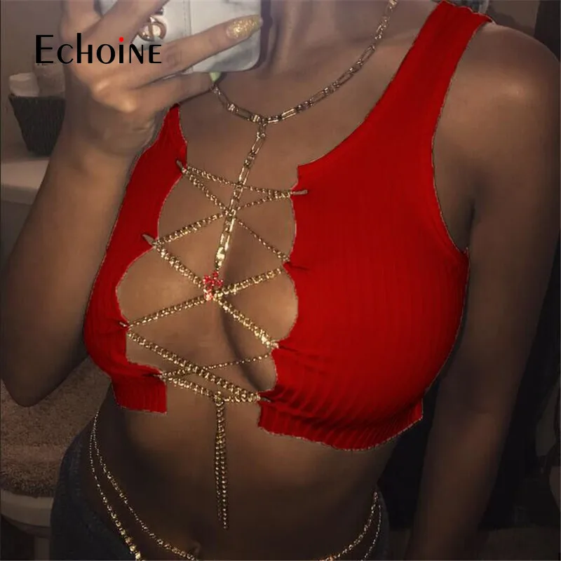 Эротичный Женский корсет с цепочками и разрезом спереди летний топ | Женская