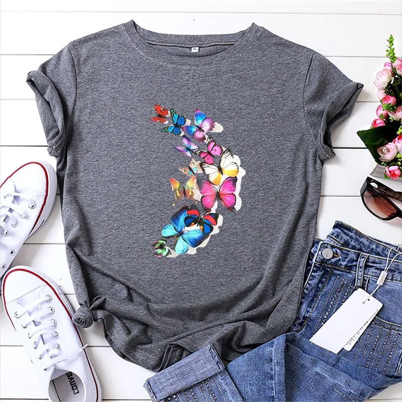 

100% Cotton T Shirt Women Summer Plus Size Colorful Butterfly Print Aesthetic Graphic Tees Casual Short Sleeve Woman Tshirts Top