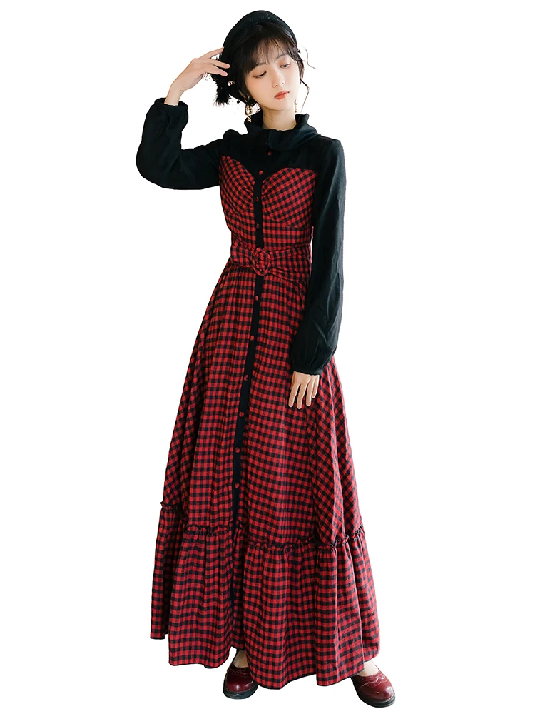 Винтажное красное клетчатое длинное женское платье 2021 весенний комплект с