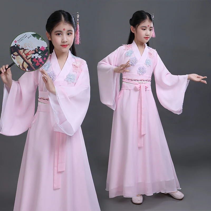 

2021 традиционная одежда ханьфу для девочек, сказочный костюм китайского народного танца, розовый костюм ханьфу для детей, Классическая танц...