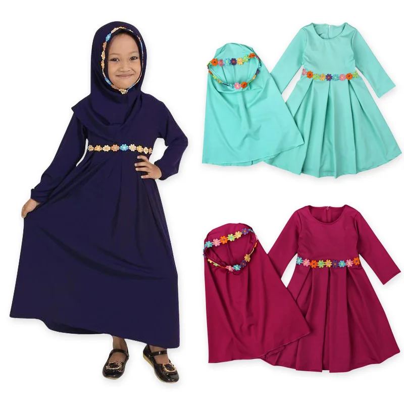 Мусульманские Детские платья для девочек, хиджаб, набор, абайя, головной платок, ИД, детские костюмы из 2 предметов, исламский Рамадан, молитв...