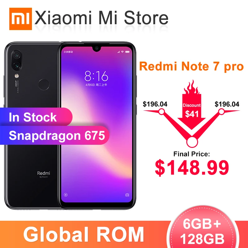 Xiaomi Redmi Note 7 Pro с глобальной ПЗУ, 6 ГБ, 128 ГБ, Snapdragon 675, камера 48 Мп+ 5 МП, экран 6,3 дюйма, аккумулятор 4000 мАч, смартфон