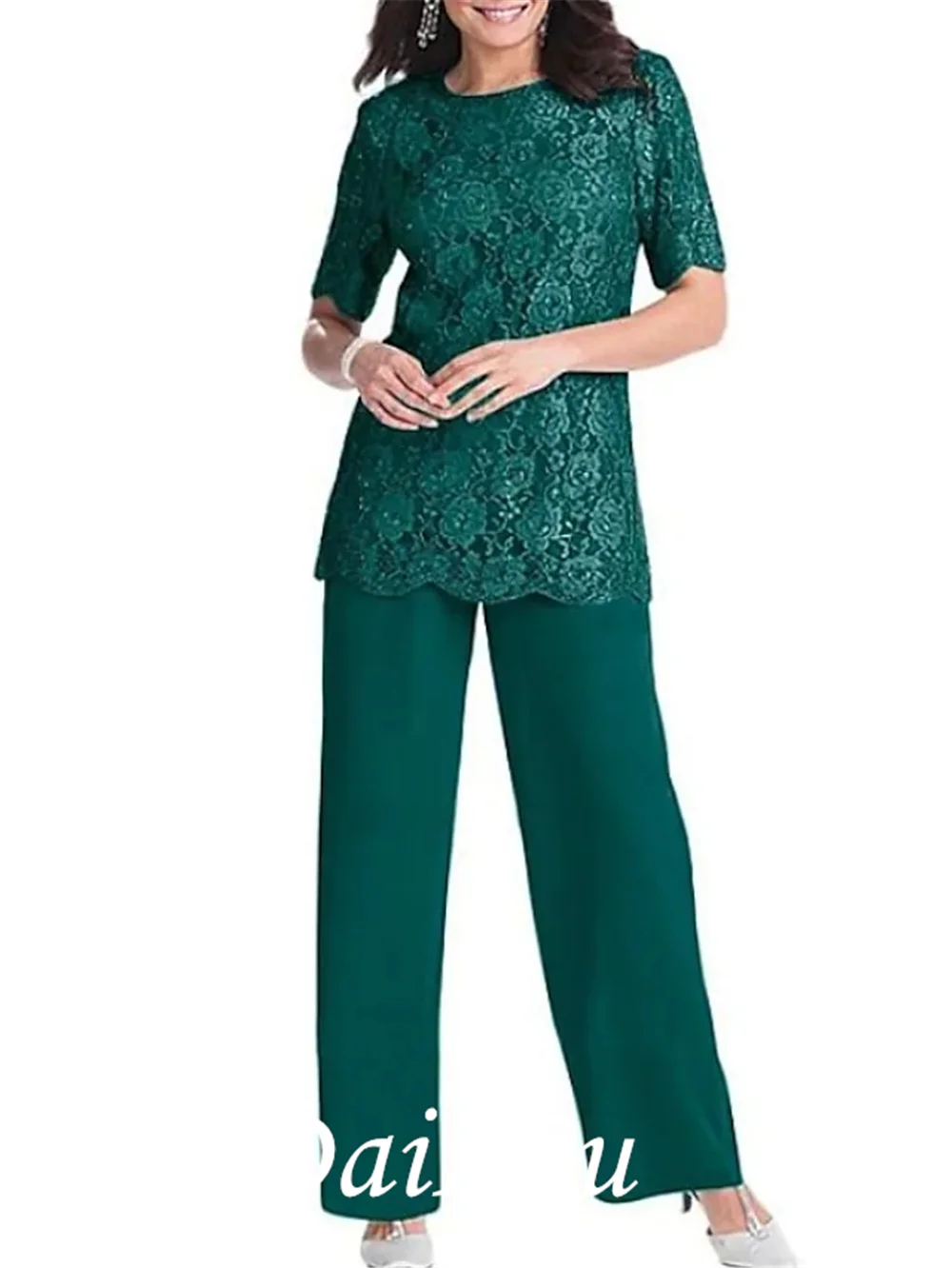 

Pantsuit / Jumpsuit Mother of the Bride Dress Elegant Jewel Neck Floor Length Chiffon Lace Half Sleeve with Lace Appliques 2021