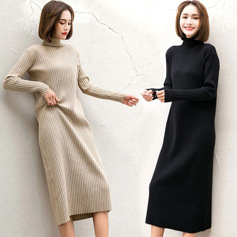 2019 женские длинные водолазки пуловеры свитер платье теплый толстый вязаный