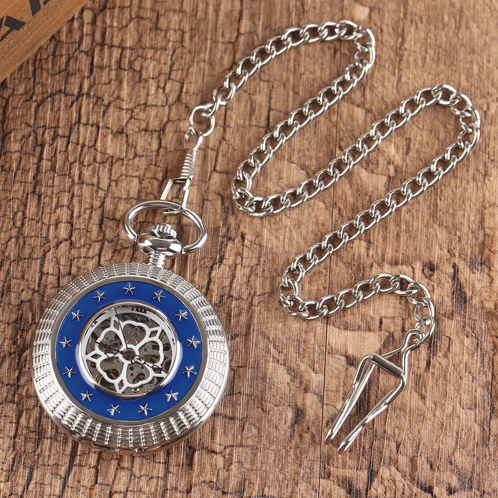 Luxury Manual Mechanical Pocket Watch Silver/Gold/Bronze Stars Decor Half Hunter Antique Hand Winding Mechanism Pocket Timepiece