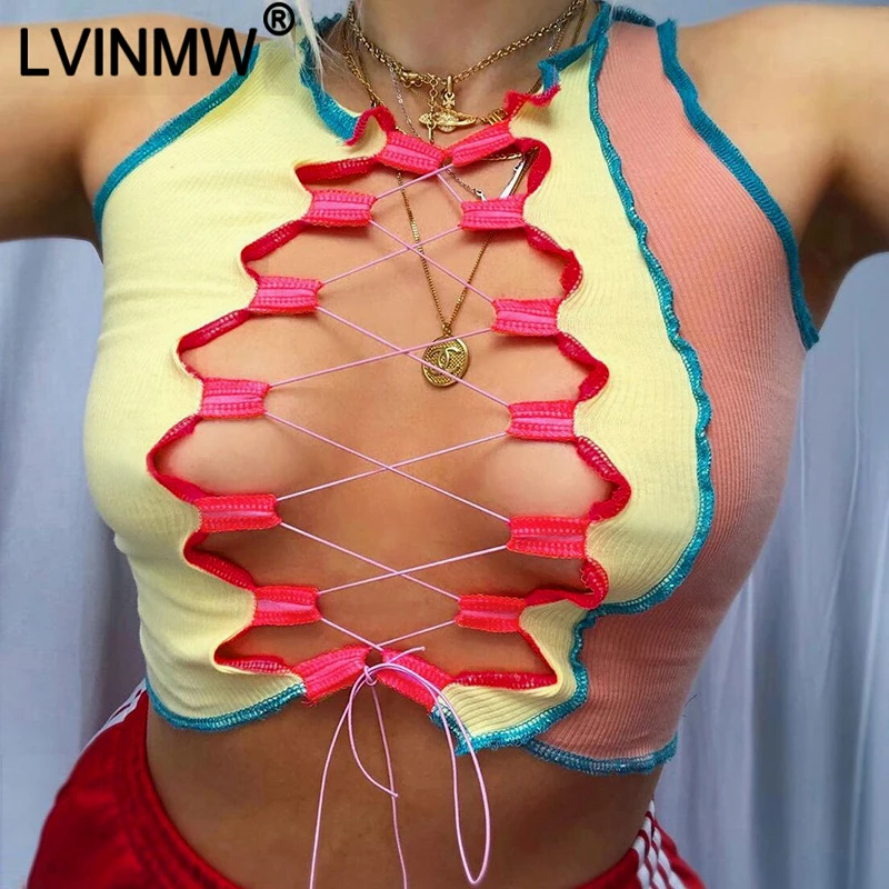 

Женский обтягивающий Топ LVINMW, разноцветный облегающий топ с перекрестным бантом, с вырезами
