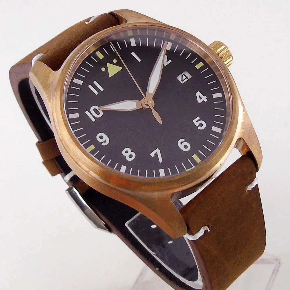 

Мужские автоматические часы NH35, черные стерильные часы с сапфировым стеклом, коричневым кожаным ремешком и бронзовым покрытием, 39 мм, 24 ювел...