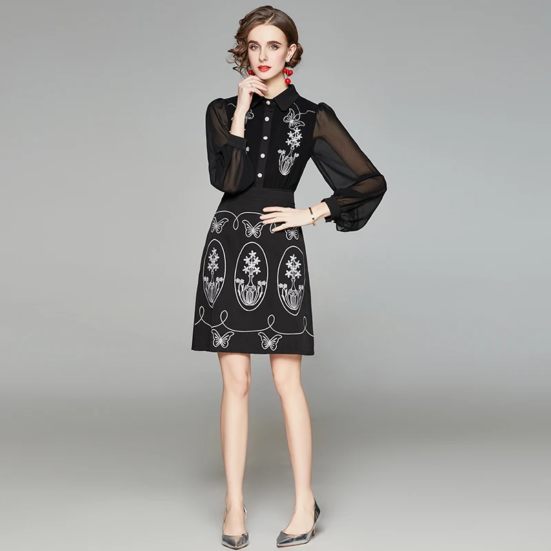 

2020 New Spring Autumn Women Elegant Slim Black Mini Dress High Quality Retro Embroidery Chiffon Patchwork Runway Dress