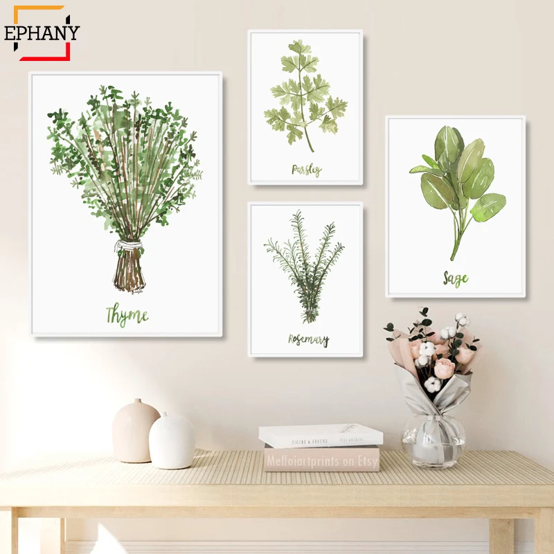 

Herbs Watercolor Painting Kitchen Prints Sage Thyme Rosemary Parsley Gallery Wall Art Canvas Posters for Living Room Home Decor