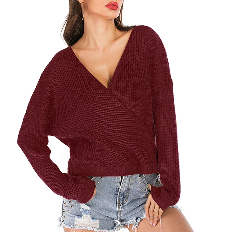 

NORMOV New Sexy Women Autumn And Winter Sweater Solid Color Cotton V-Neck Batwing Sleeve Sweater Pullovers Loose Sweater