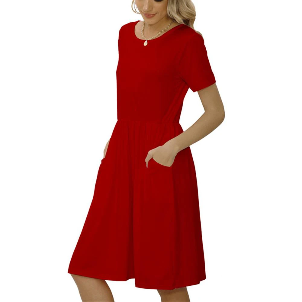 

Short Sleeved Casual Summer Dress Pocket Dress O-neck Dresses Summer 2021 Ladies Casual Keen-length Loose Solid Dress for Women