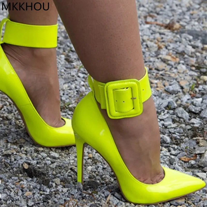 

MKKHOU Fashion Pumps Women Shoes New Bright Leather Pointed Toe Shallow Ankle Buckle Stiletto 12cm High Heels Dinner Dress Shoes