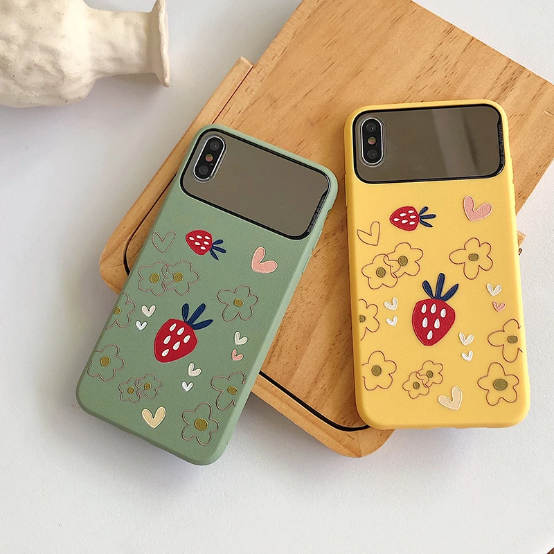 Matte Strawberry Floral Mirror Phone Case for Iphone 11 11pro Max 6s 7 8plus Xr Xs X Shockproof Make Up Soft Tpu Back Cover | Мобильные