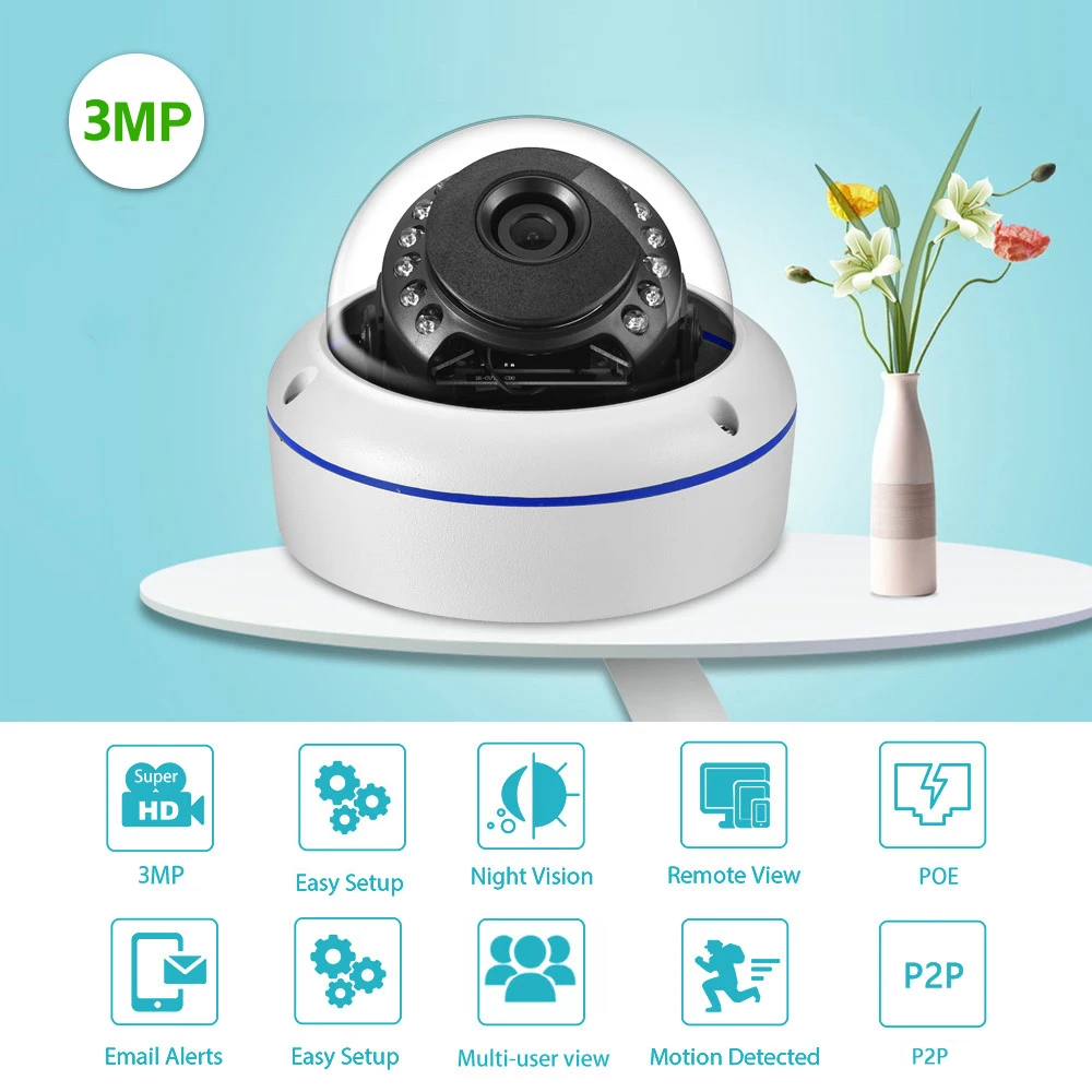 IP-камера AZISHN HD 3 Мп CCTV 48 в POE вандальная Антивандальная Металлическая наружная