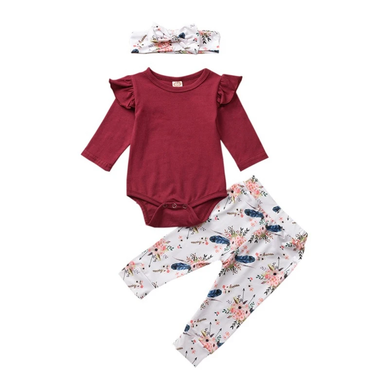 

TBaby Girl Clothes Adorable Long Flare Sleeve Solid Print Romper Tops Floral Trousers Headband Outfits Clothes