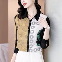 autumn new shirt printed long sleeve fashion style top formal chiffon casual shirts straight office work wear patchwork top