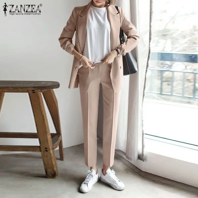 

ZANZEA Women Casual Office Work Matching Sets 2023 Stylish Long Sleeve Blouses and Long Pants 2PCS Suits Sets Female Solid Tops