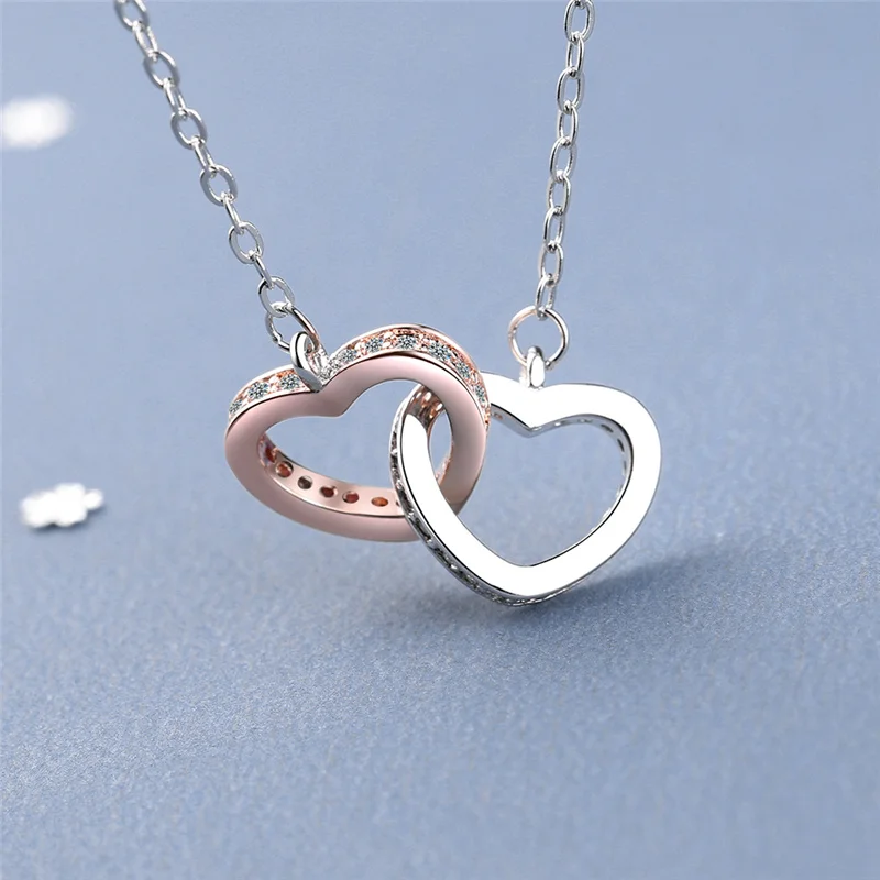 

2021 New Women Silver Plated Clavicle Necklace Shiny Zircon Double Heart Pendant Choker Accessories For Lady Birthday Gift