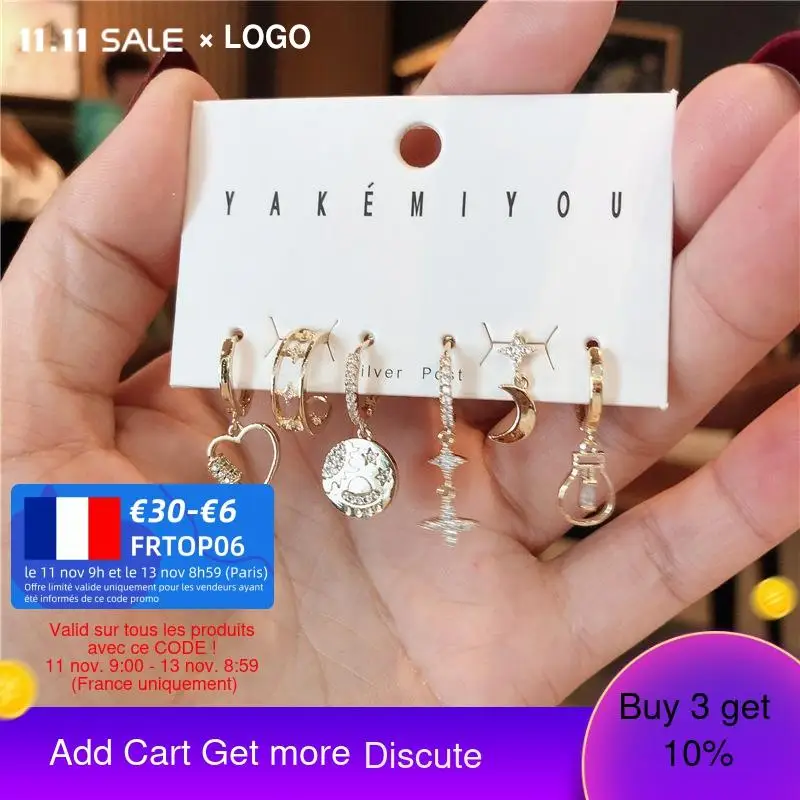 

Fashion Brilliant Crystal Zircon Heart Small Hoop Earrings 6 Pcs Set Korean Style Earrings For Women Minimalist Jewelry 2021