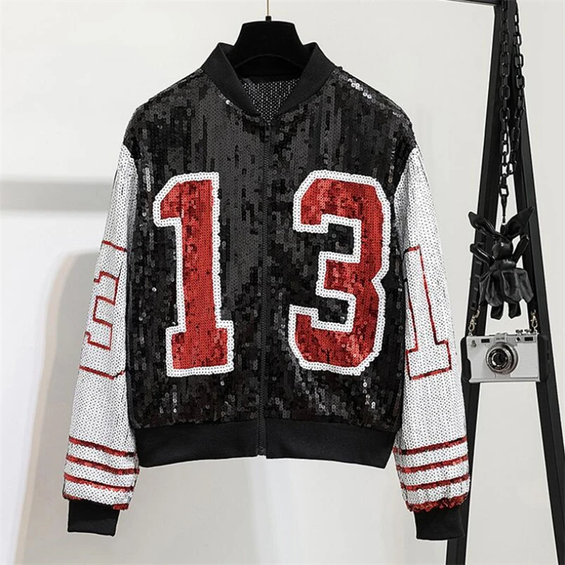 Женская куртка-бомбер с блестками Повседневная Свободная Базовая куртка