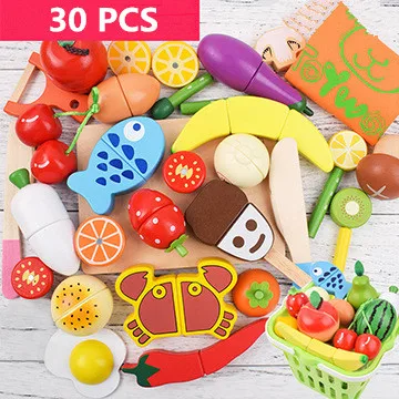 30 pcs Деревянный разделочный набор для приготовления пищи, набор магнитных деревянных овощей, фруктов, игрушки, ролевые игры, кухонный набор, игрушка в подарок - Цвет: 30 pcs