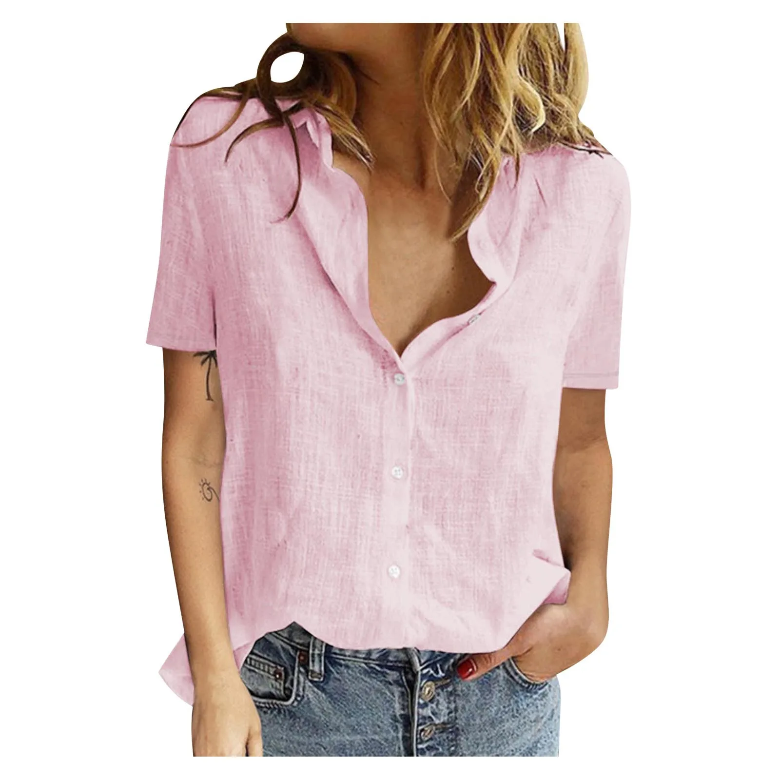 

40# Causal Button V Neck Summer Shirt Elegant Short Sleeve Turn-down Collar Women's Blouse Solid Color Blouses Chemise Femme