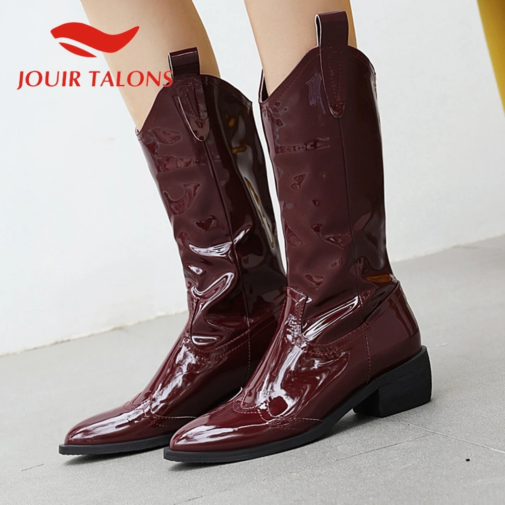 

JOUIR TALONS 2020 New Arrival women shoes Fashion Slip-On Western Patent Pointed Toe Chunky Heels Boots