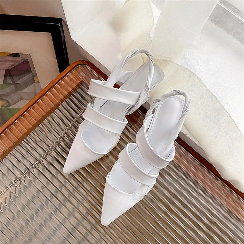 

ANNYMOLI Slingbacks Shoes Woman Med Heels Pointed Toe Pumps Fashion Strange Style Heel Ladies Footwear Spring White Big Size 40