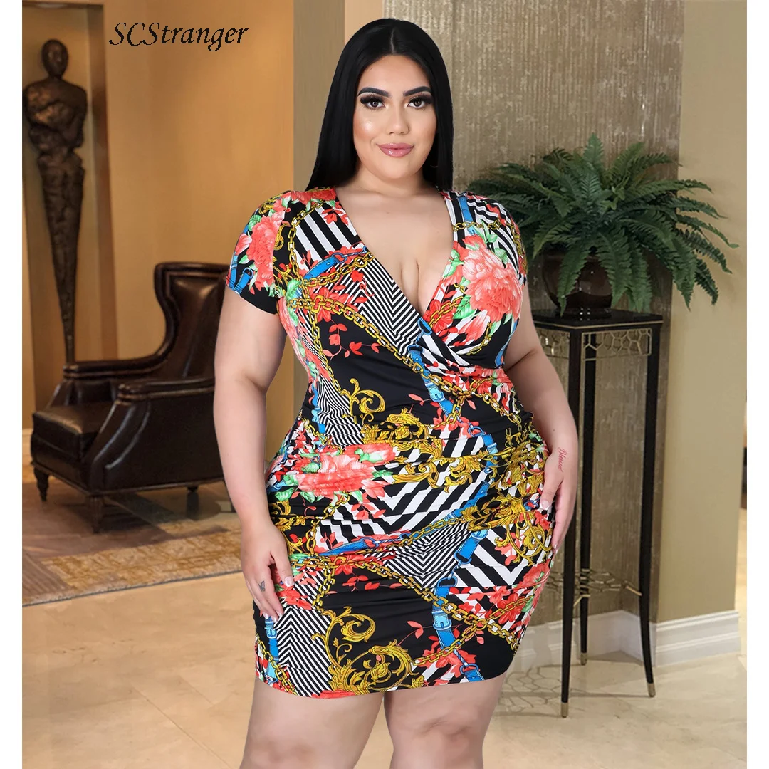 

Plus Size Women Dresses Summer Fashion Sexy V Neck Floral Gold Chain Print Pleated y2k Short Sleeve Dress платье 2021