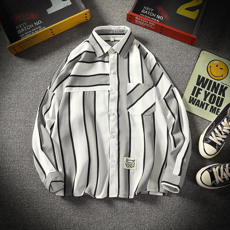 

Мужская рубашка с длинным рукавом, Повседневная Свободная рубашка в полоску, удобная модная уличная рубашка большого размера для осени
