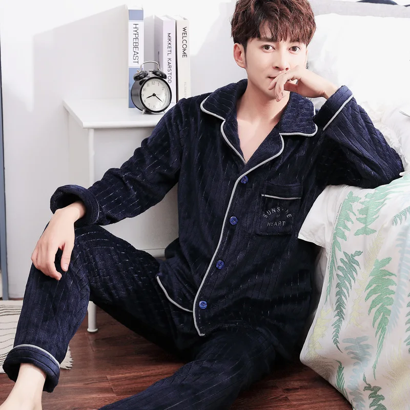 Осенне-зимняя мужская Толстая Фланелевая пижама костюм из двух предметов с