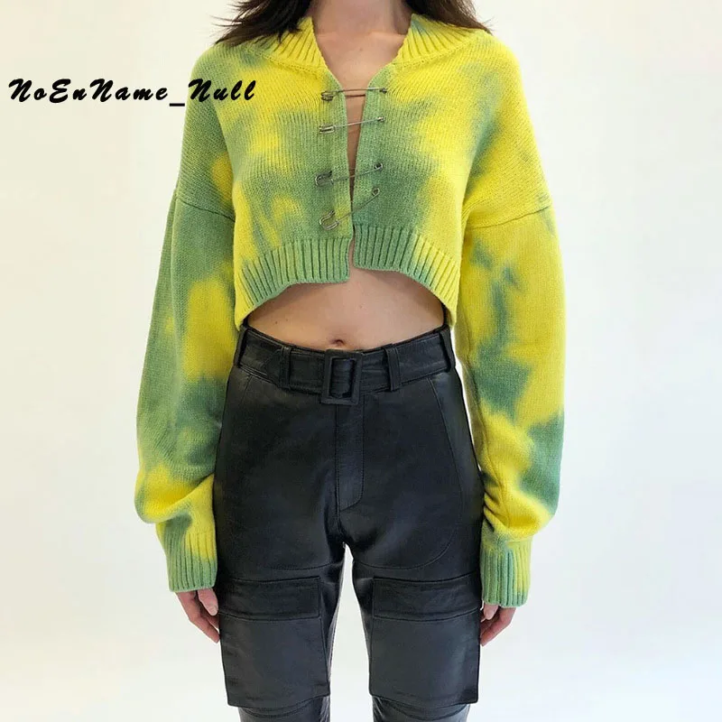 

Knitted Cardigan Long SleevedTie Dyed Pin Loose Cardigan Exposed Navel Versatile Casual Sweater Coat For Women Casual Out Wear