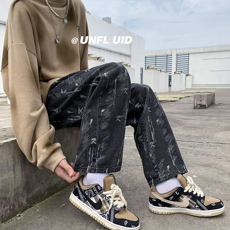 ICCLEK New Jeans Men's Jeans Autumn and Winter Casual Straight Pants Retro High Street Jeans Printed Trousers Oversized Jeans