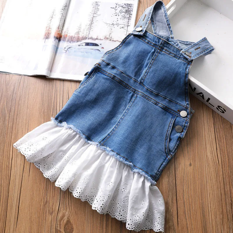 

2 3 4 5 6 7 Y Toddler Girls Dress Spring Korean Fashion Denim Strap Dress for Girl Kids Clothing Lace Stitching Children Dress
