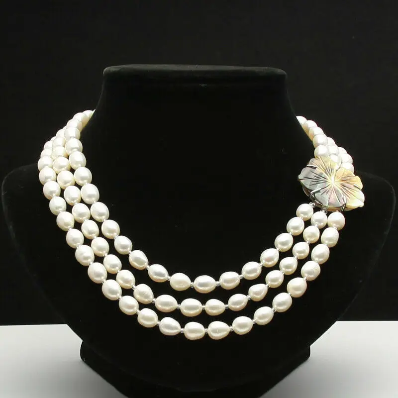 

Fashion 3 row 8-9mm freshwater cultured oval white pearl necklace 17"-19"