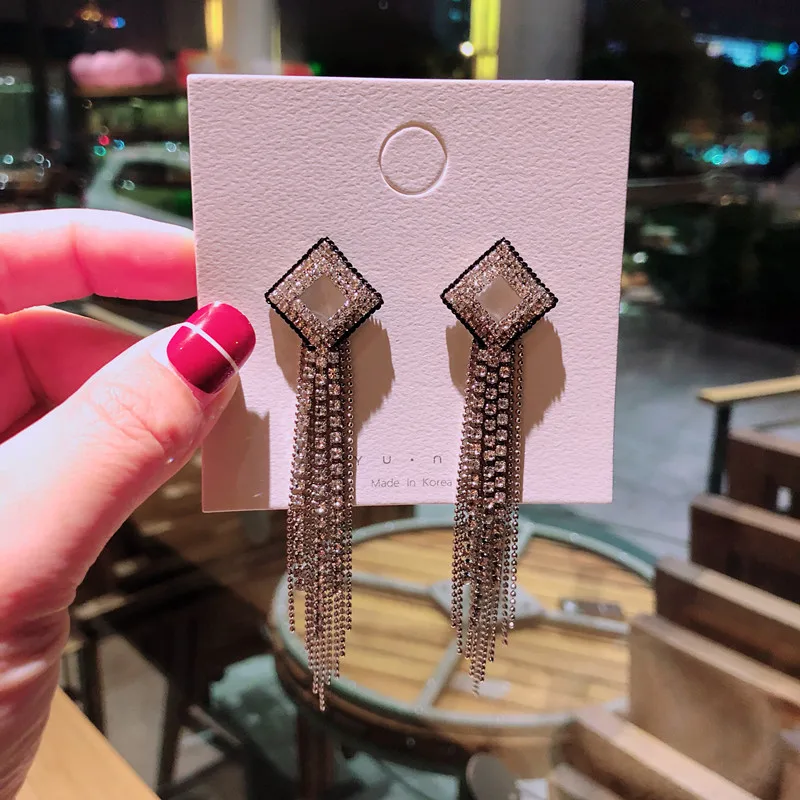 

Silver Needle Geometry Temperament Full Rhinestone Covered Catwalk Long Earrings Long Earrings Jewelry