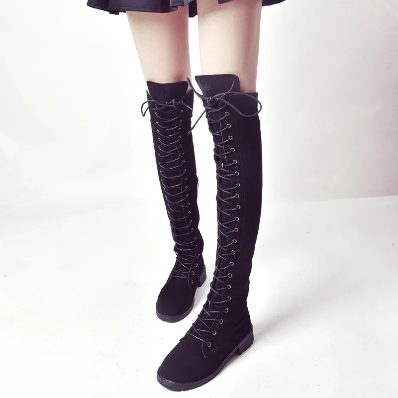 

Round head low heel lace up knee high boots side zipper women's Boots
