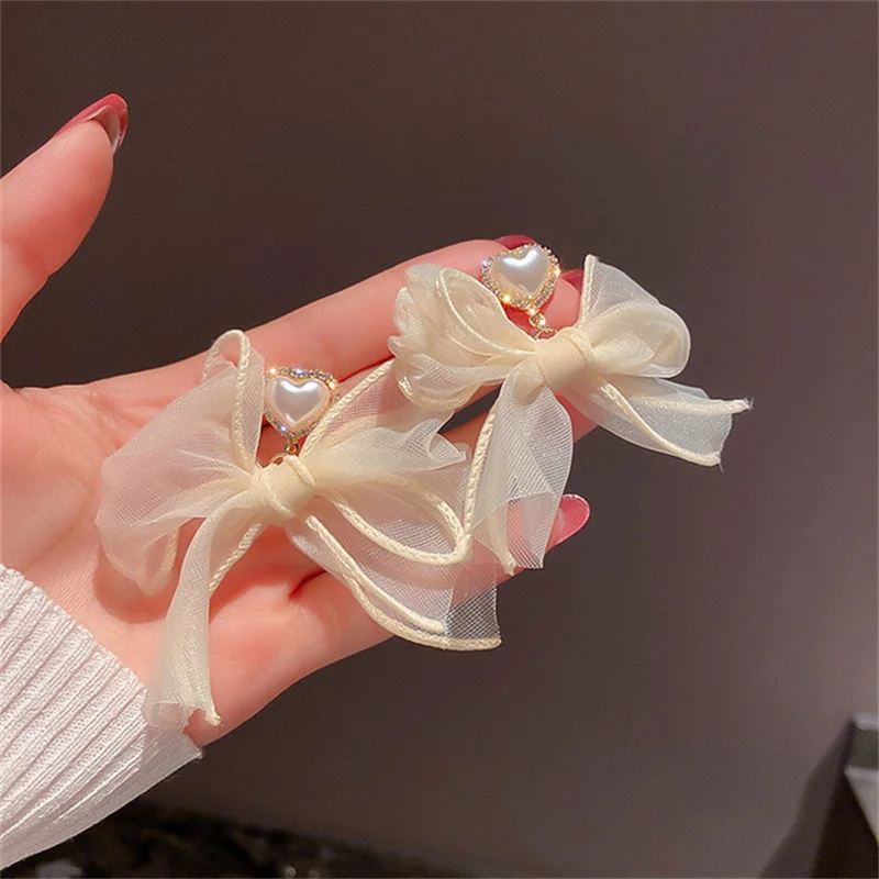 

2021 New Jewelry Sweet White Bowknot Women Big Earrings Sweet Fabric Lace Bow Fashion Drop Earrings Jewelry Gift
