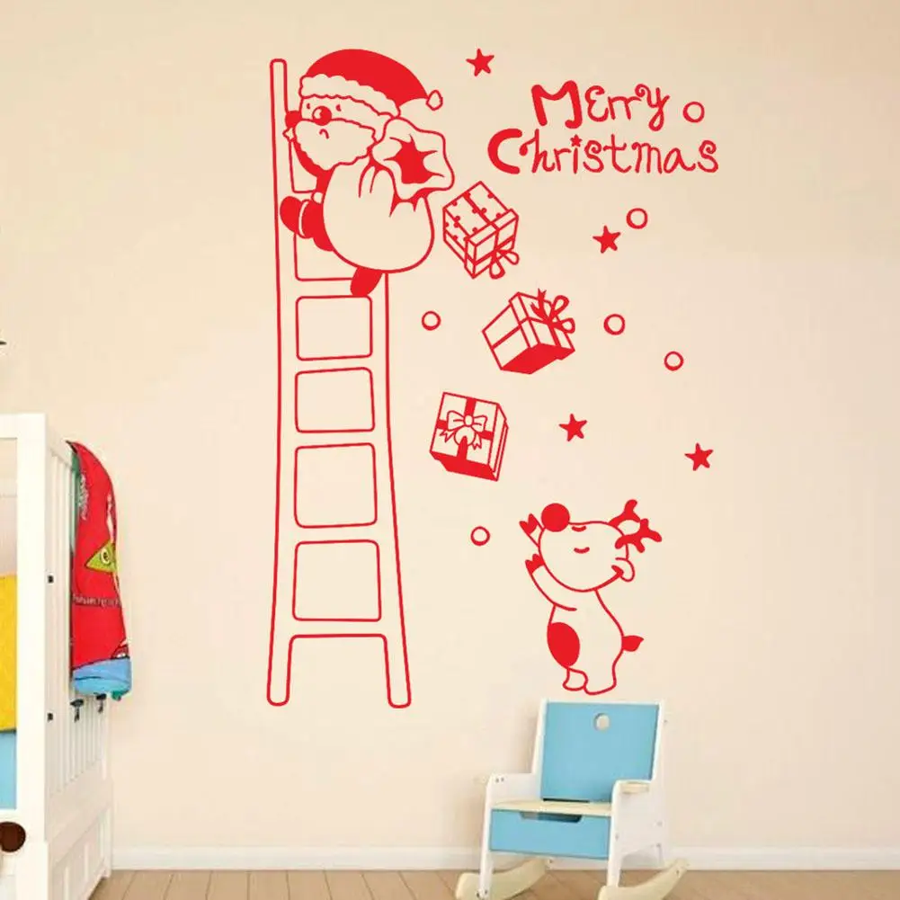 Merry Christmas стикер на стену Санта лестница для лазания красный белый черный витрин