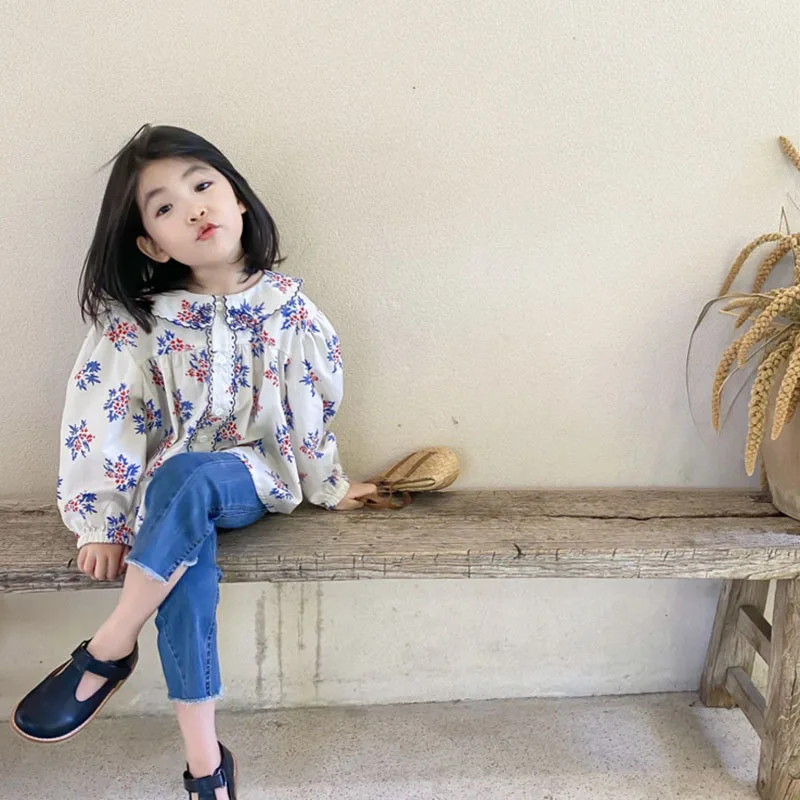 Новинка весна-осень 2021 рубашка для девочек топ с длинными рукавами и цветочным