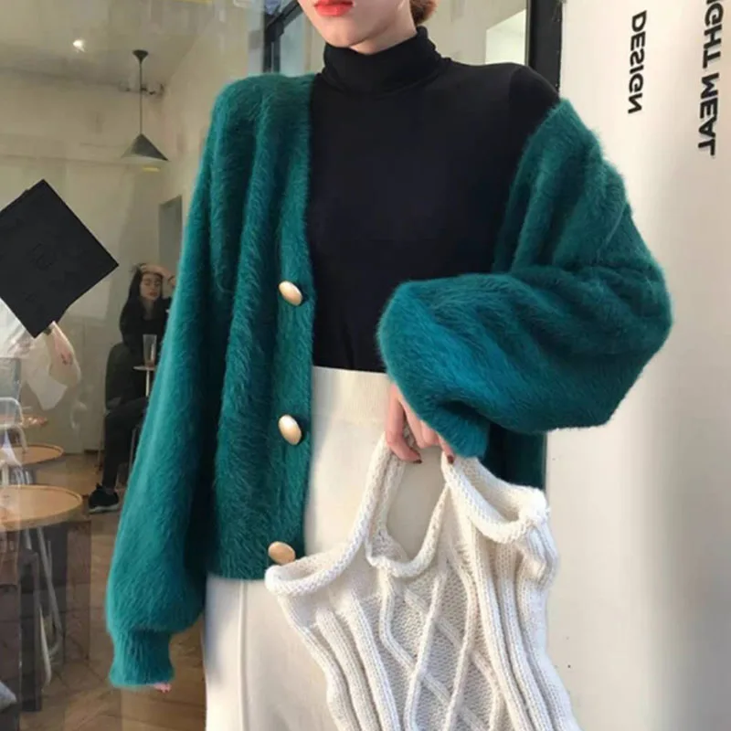 

Elegant Loose Women Knitted Cardigans Lantern Sleeve Mohair Sweater Jumpers 2020 Autumn winter Female Cardigan Jacket