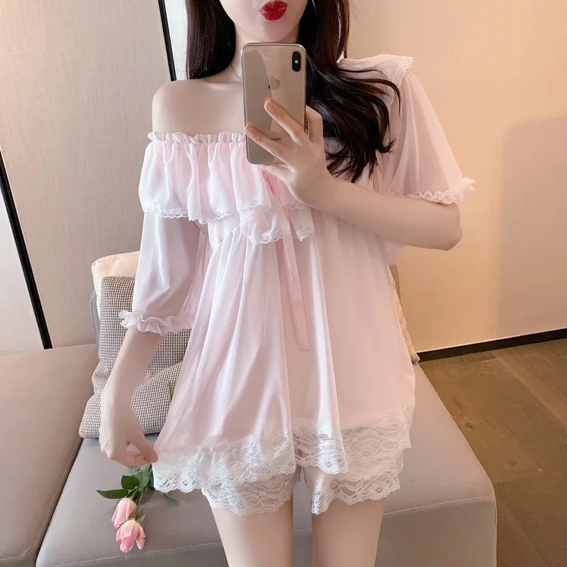 2021 Spring and Summer New Trendy Cute Pajamas Suit with Chest Pad Sexy Lace Stitching Two-piece Outer Wear Home Service