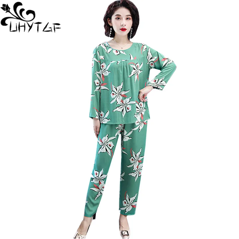 

UHYTGF Summer pajamas women fashion printed cotton silk 2 piece set home clothes for women loose 4XLplus size pajamas female 922