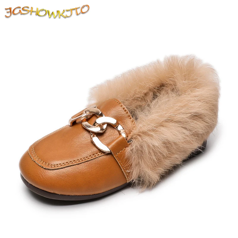 

JGSHOWKITO Kids Leather Shoes 2021 Autumn Winter Girls Flats With Thick Cotton Warm Children Boy Black Loafers Fashion Hairy Fur