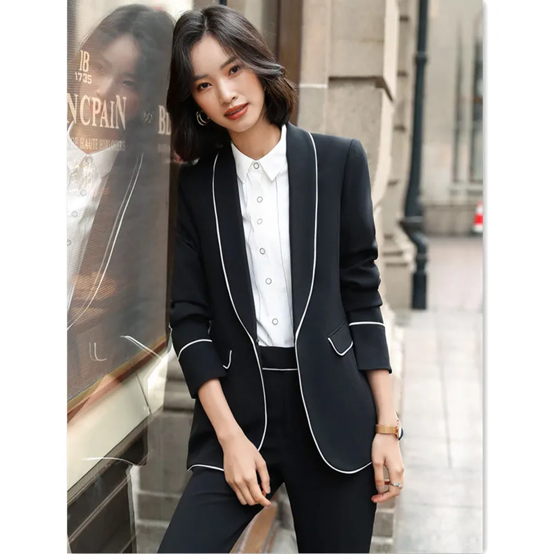 Женский черный брючный костюм Модный комплект из 2 предметов: куртка с длинными