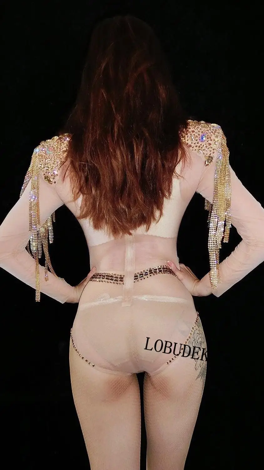 

Sparkly Gold Rhinestones Tassel Mesh Bodysuit Sexy See-through Stage Costume Nightclub Female DJ Singer Jazz Dance Team Bodysuit