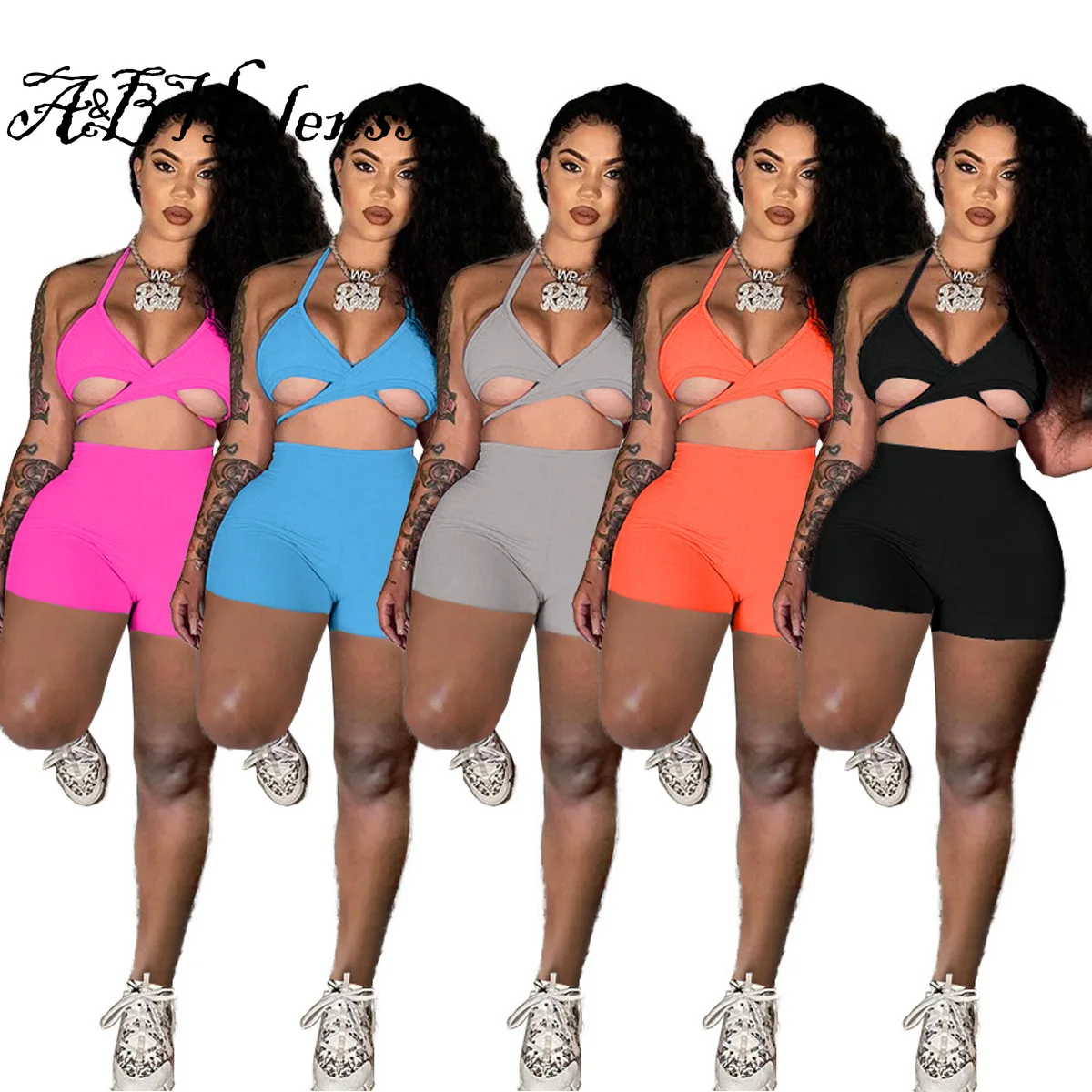 

Summer 2021 Fitness Neon 2 Piece Set Women Off Shoulder V Neck Tank Top + Skinny Biker Shorts Set Activewear Workout Tracksuits